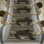 Tetsuya Ishida. «Cinta transportadora portadora de personas», 1996. Acrílico sobre tabla